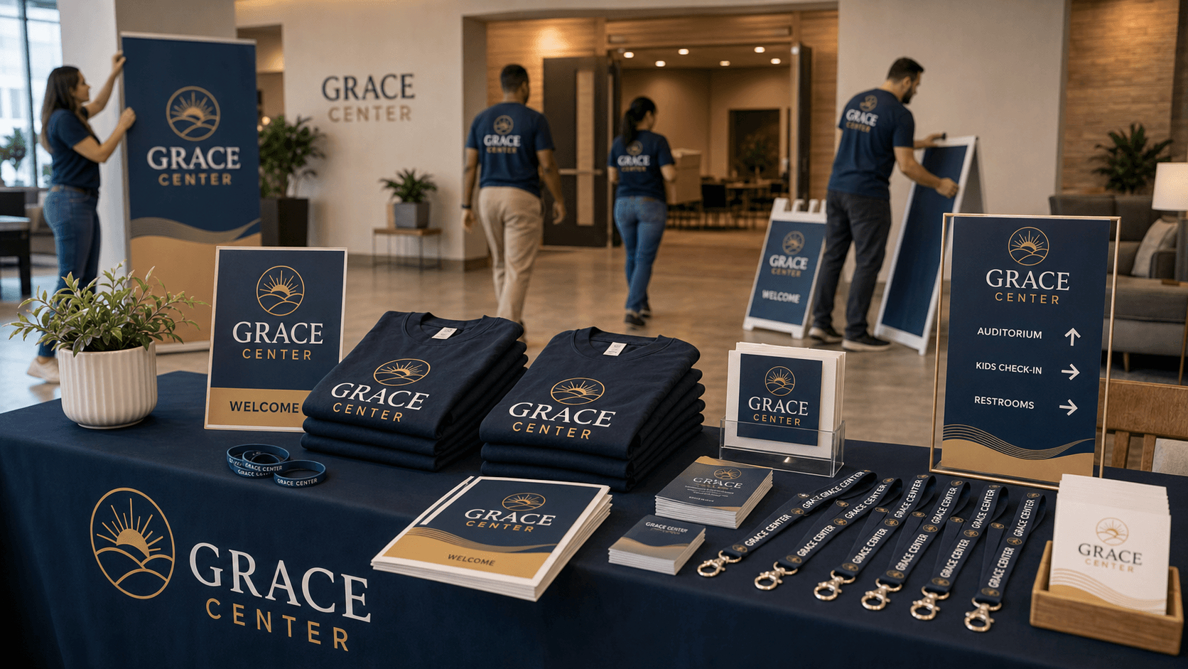 Church group wearing matching printed shirts