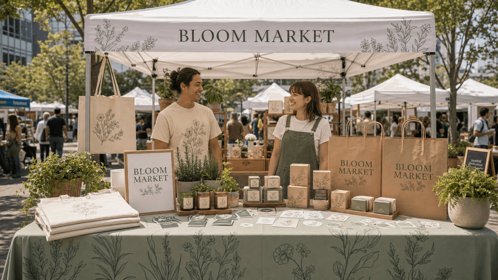 Pop-up market booth with printed merchandise