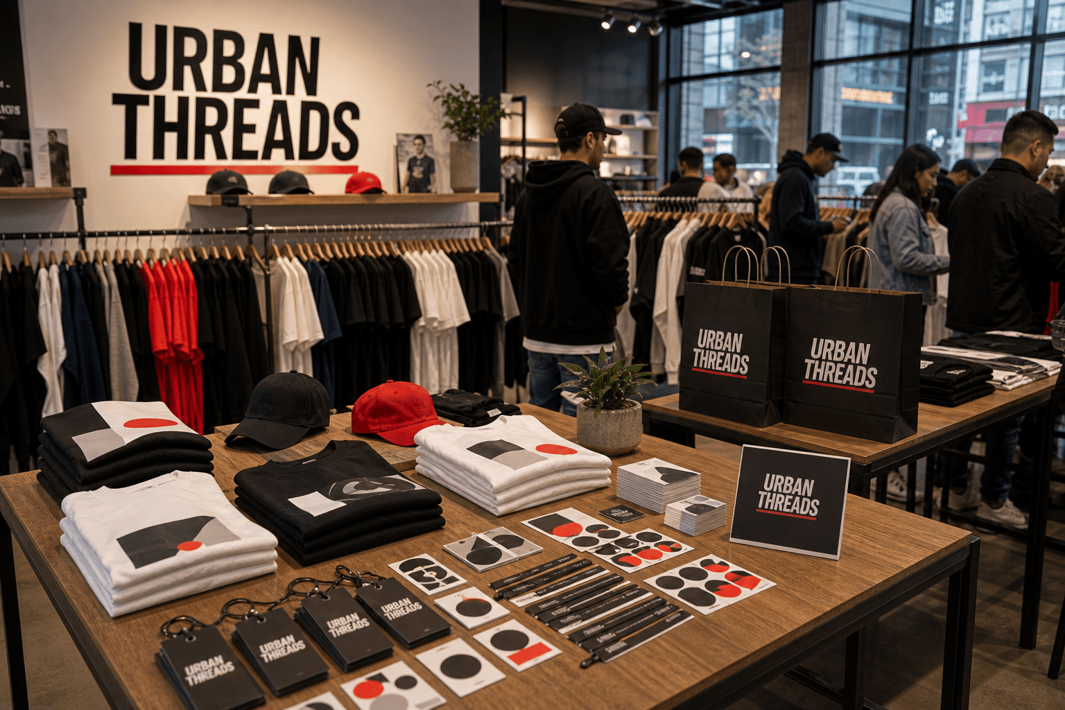 Streetwear retail table with pressed tees and caps