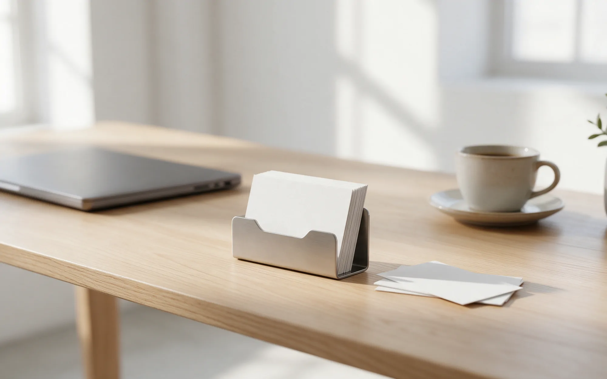 Business cards in a holder on a bright desk