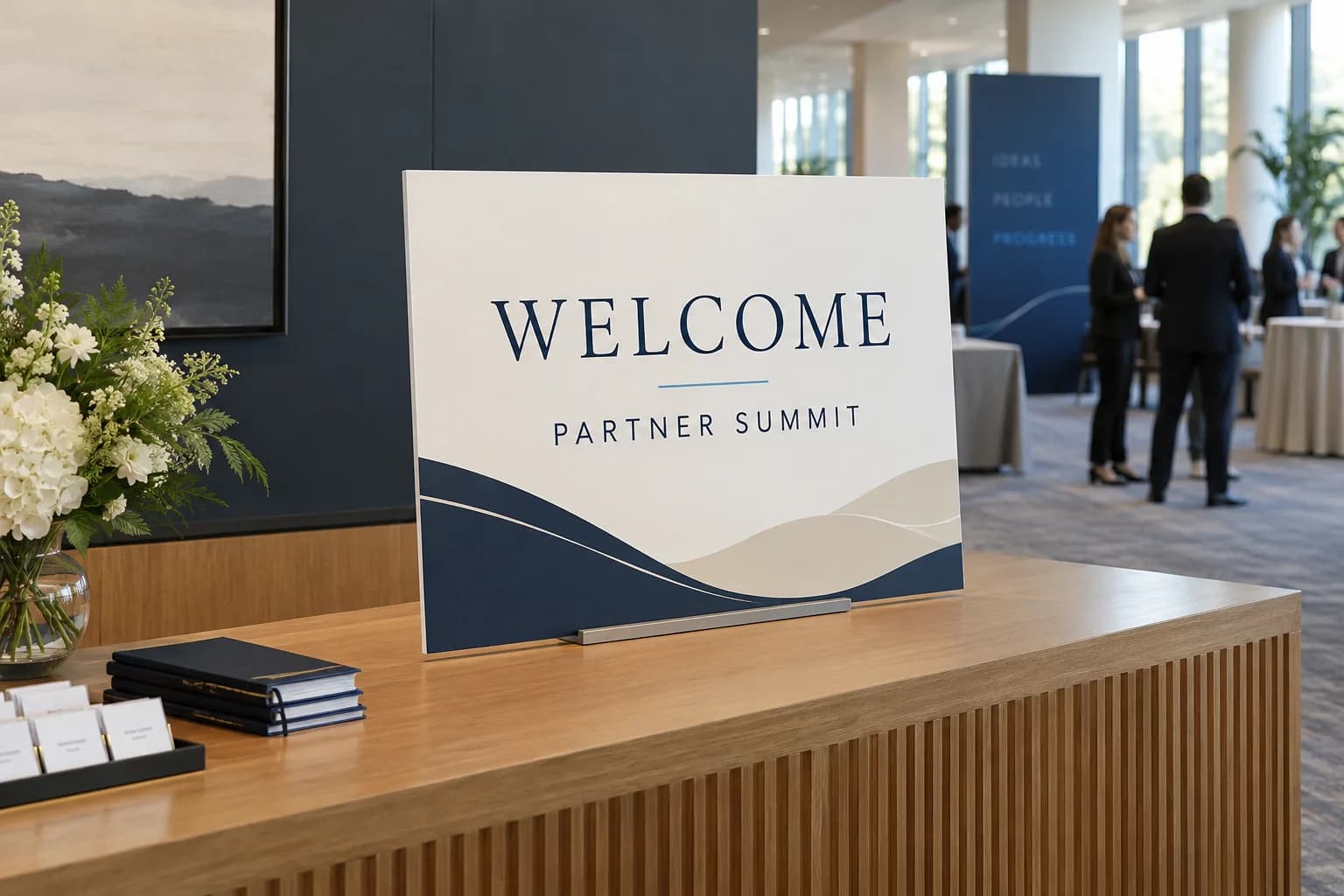 Illustrative printed welcome board at a corporate event registration desk