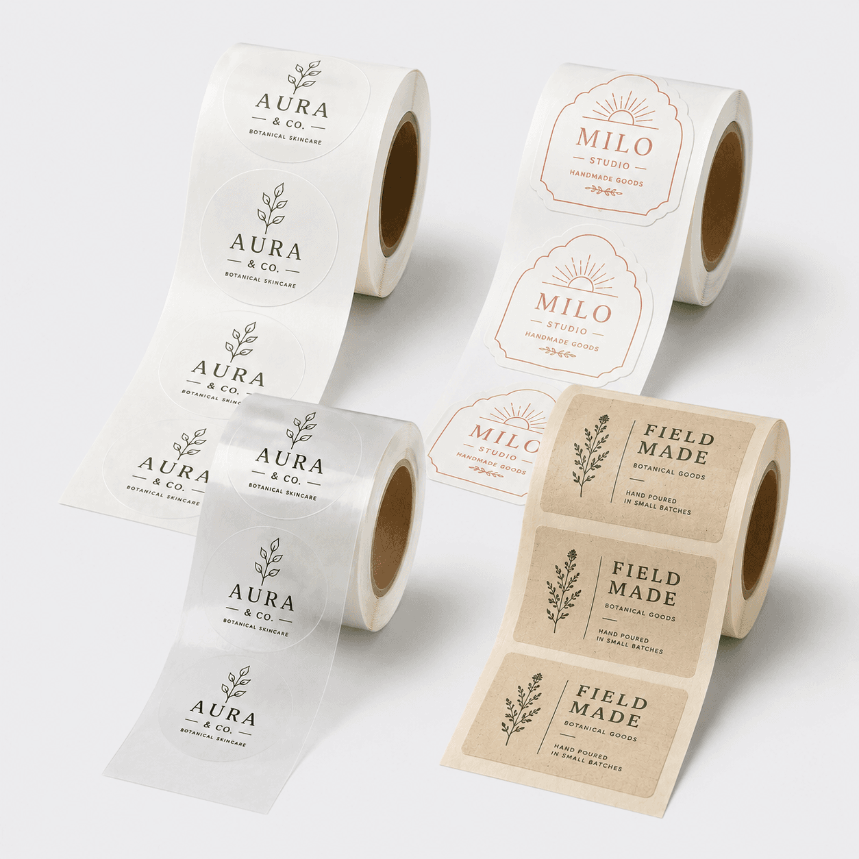 Custom roll labels in multiple formats: circle, die-cut, clear BOPP, and white paper labels arranged on rolls against a clean studio background