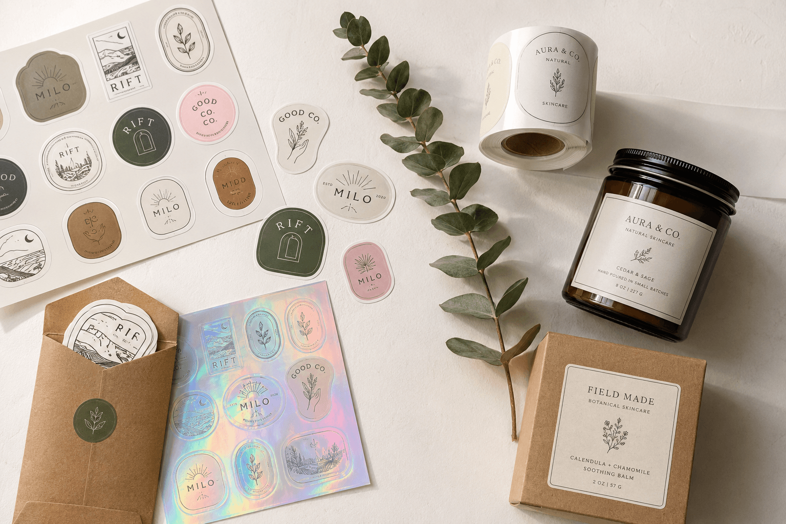 Custom stickers and roll labels: sticker sheets, holographic stickers, AURA & CO. label roll, labeled candle jar and Field Made balm box on a cream surface with eucalyptus