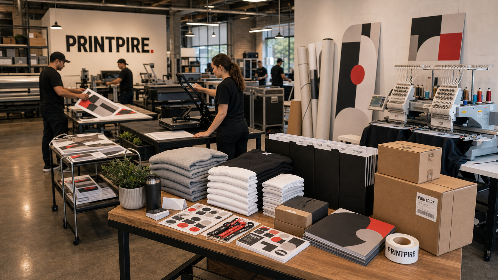 Premium live brand activation setup with printed merch, stickers, signage, apparel, and event materials
