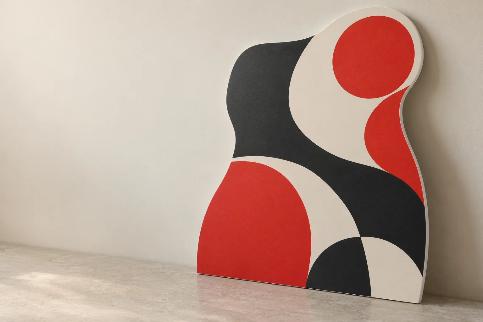 Illustrative red, charcoal and ivory printed contour cutout leaning on a studio wall, with a narrow white edge visible