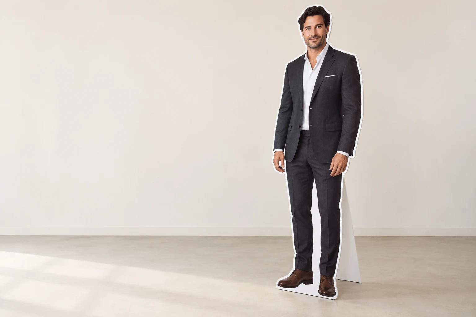 Illustrative full-height printed professional portrait in a studio, with a white support visible behind the right leg